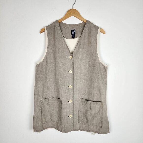 GAP Beige Linen Vest Button Up Pockets Cream Cotton Back Size M - Picture 1 of 8
